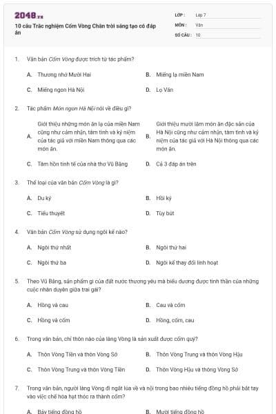 10 câu Trắc nghiệm Cốm Vòng Chân trời sáng tạo có đáp án