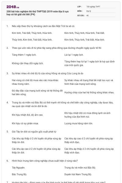 200 bài trắc nghiệm thi thử THPTQG 2019 môn Địa lí cực hay có lời giải chi tiêt (P4)