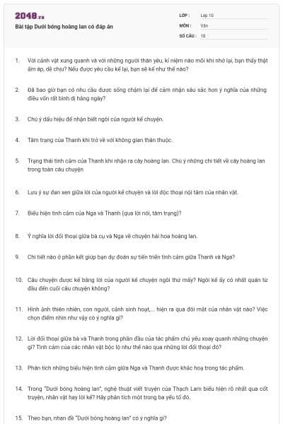 Bài tập Dưới bóng hoàng lan có đáp án