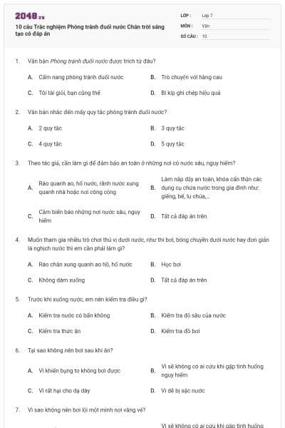 10 câu Trắc nghiệm Phòng tránh đuối nước Chân trời sáng tạo có đáp án