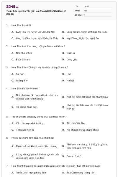 7 câu Trắc nghiệm Tác giả Hoài Thanh Kết nối tri thức có đáp án