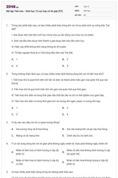 Bài tập Tiến hóa - Sinh học 12 cực hay có lời giải (P2)