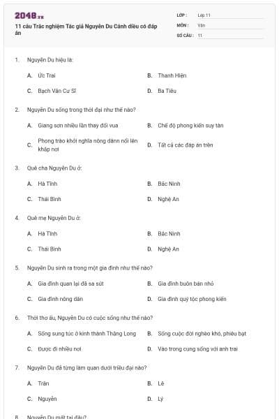 11 câu Trắc nghiệm Tác giả Nguyễn Du Cánh diều có đáp án