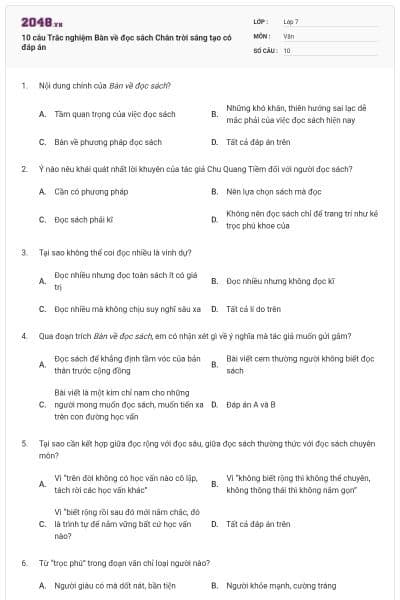 10 câu Trắc nghiệm Bàn về đọc sách Chân trời sáng tạo có đáp án