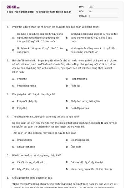 8 câu Trắc nghiệm phép Thế Chân trời sáng tạo có đáp án