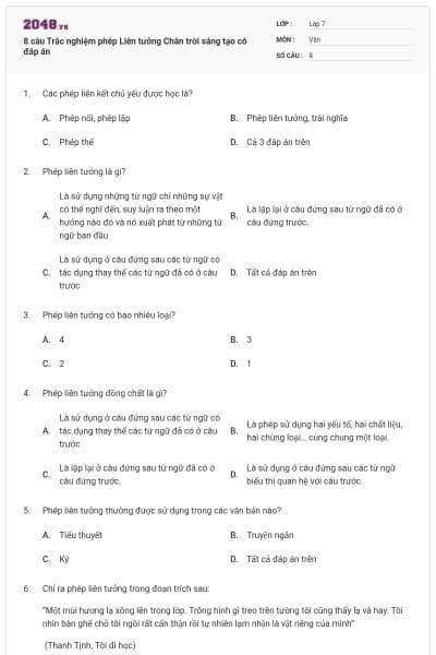 8 câu Trắc nghiệm phép Liên tưởng Chân trời sáng tạo có đáp án