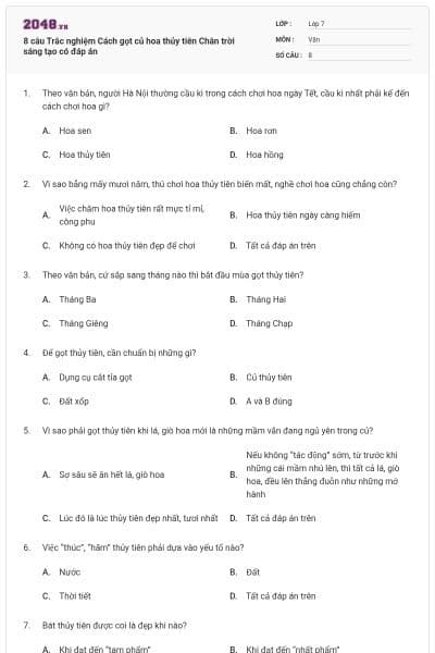 8 câu Trắc nghiệm Cách gọt củ hoa thủy tiên Chân trời sáng tạo có đáp án