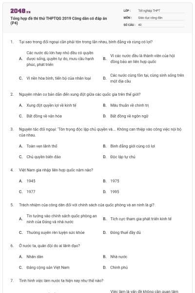 Tổng hợp đề thi thử THPTQG 2019 Công dân có đáp án (P4)