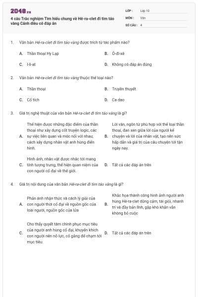 4 câu Trắc nghiệm Tìm hiểu chung về Hê-ra-clet đi tìm táo vàng Cánh diều có đáp án
