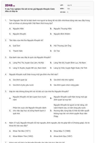 9 câu Trắc nghiệm Vài nét về tác giả Nguyễn Khuyến Cánh diều có đáp án