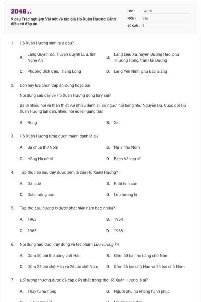 9 câu Trắc nghiệm Vài nét về tác giả Hồ Xuân Hương Cánh diều có đáp án