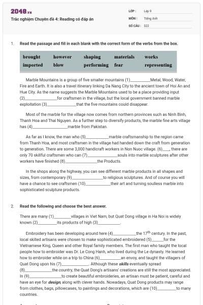 Trắc nghiệm Chuyên đề 4: Reading có đáp án