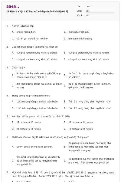 Đề kiểm tra Vật lí 12 học kì 2 có đáp án (Mới nhất) (Đề 4)