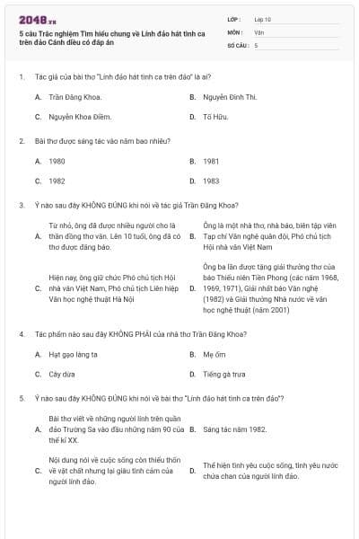 5 câu Trắc nghiệm Tìm hiểu chung về Lính đảo hát tình ca trên đảo Cánh diều có đáp án