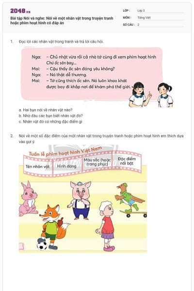 Bài tập Nói và nghe: Nói về một nhân vật trong truyện tranh hoặc phim hoạt hình có đáp án