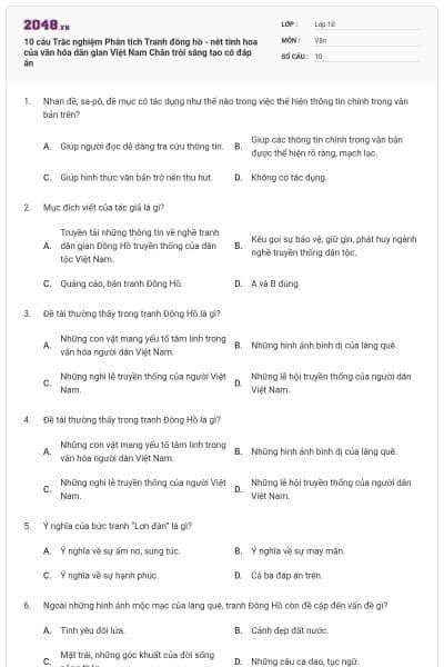 10 câu Trắc nghiệm Phân tích Tranh đông hồ - nét tinh hoa của văn hóa dân gian Việt Nam Chân trời sáng tạo có đáp án