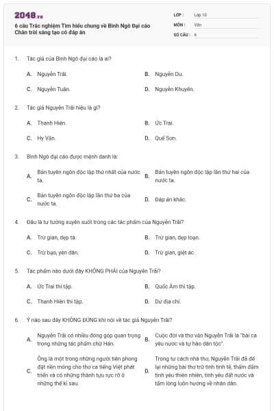 6 câu Trắc nghiệm Tìm hiểu chung về Bình Ngô Đại cáo Chân trời sáng tạo có đáp án