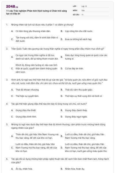 11 câu Trắc nghiệm Phân tích Hịch tướng sĩ Chân trời sáng tạo có đáp án