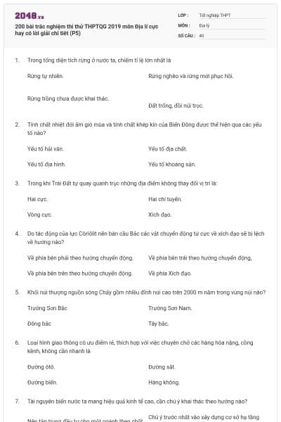 200 bài trắc nghiệm thi thử THPTQG 2019 môn Địa lí cực hay có lời giải chi tiêt (P5)