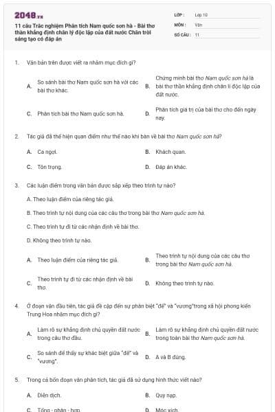 11 câu Trắc nghiệm Phân tích Nam quốc sơn hà - Bài thơ thần khẳng định chân lý độc lập của đất nước Chân trời sáng tạo có đáp án