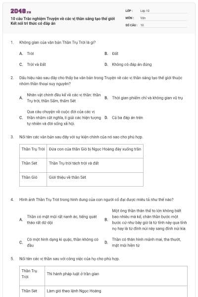 10 câu Trắc nghiệm Truyện về các vị thần sáng tạo thế giới Kết nối tri thức có đáp án