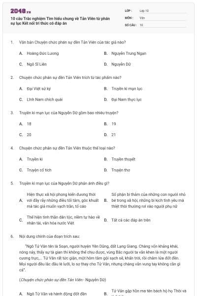 10 câu Trắc nghiệm Tìm hiểu chung về Tản Viên từ phán sự lục Kết nối tri thức có đáp án
