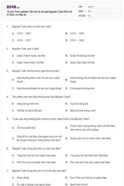 10 câu Trắc nghiệm Vài nét về tác giả Nguyễn Tuân Kết nối tri thức có đáp án