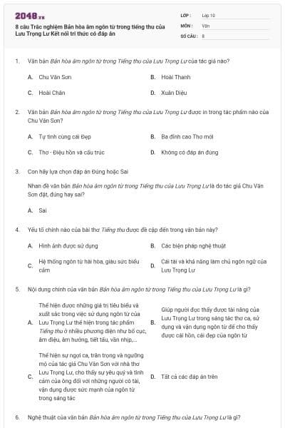 8 câu Trắc nghiệm Bản hòa âm ngôn từ trong tiếng thu của Lưu Trọng Lư Kết nối tri thức có đáp án