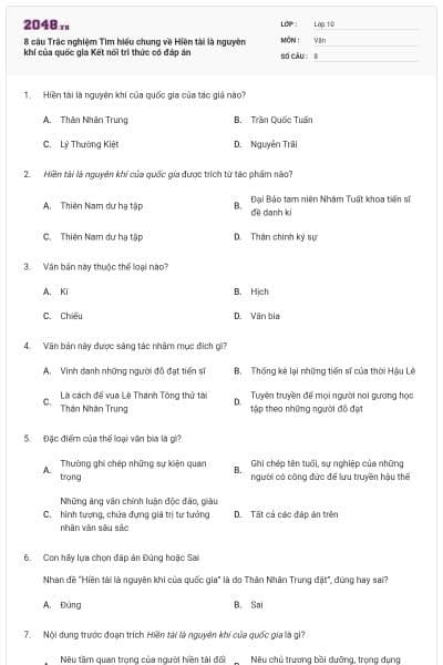 8 câu Trắc nghiệm Tìm hiểu chung về Hiền tài là nguyên khí của quốc gia Kết nối tri thức có đáp án