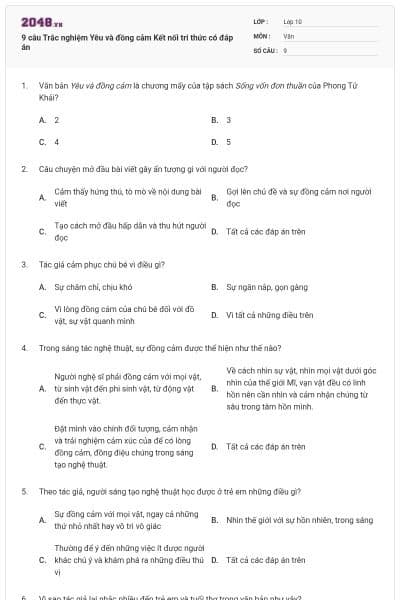 9 câu Trắc nghiệm Yêu và đồng cảm Kết nối tri thức có đáp án