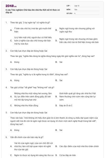 6 câu Trắc nghiệm Chữ bầu lên nhà thơ Kết nối tri thức có đáp án