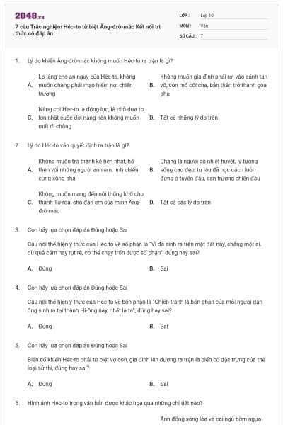 7 câu Trắc nghiệm Héc-to từ biệt Ăng-đrô-mác Kết nối tri thức có đáp án