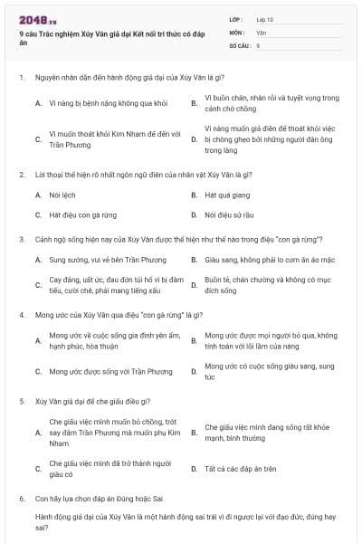 9 câu Trắc nghiệm Xúy Vân giả dại Kết nối tri thức có đáp án