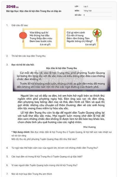 Bài tập Đọc: Độc đáo lễ hội đèn Trung thu có đáp án