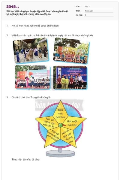 Bài tập Viết sáng tạo: Luyện tập viết đoạn văn ngắn thuật lại một ngày hội đã chứng kiến có đáp án