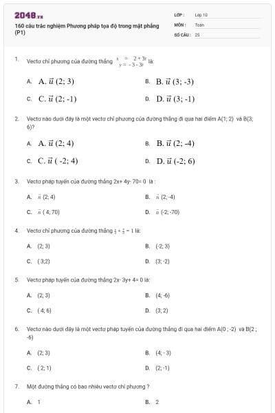 160 câu trắc nghiệm Phương pháp tọa độ trong mặt phẳng (P1)