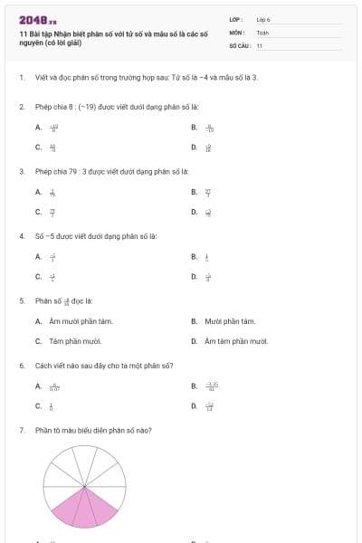 11 Bài tập Nhận biết phân số với tử số và mẫu số là các số nguyên (có lời giải)