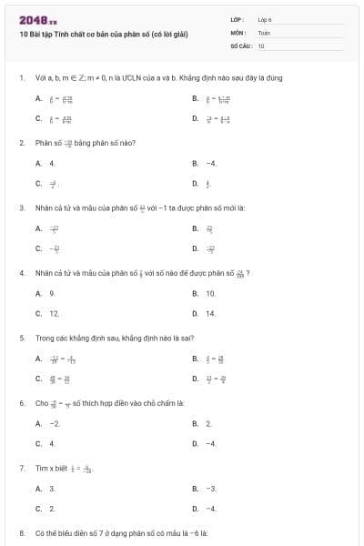 10 Bài tập Tính chất cơ bản của phân số (có lời giải)