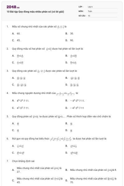 10 Bài tập Quy đồng mẫu nhiều phân số (có lời giải)