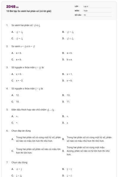 10 Bài tập So sánh hai phân số (có lời giải)
