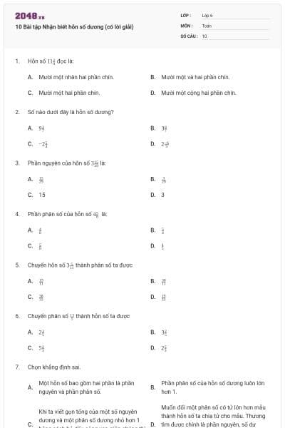 10 Bài tập Nhận biết hỗn số dương (có lời giải)