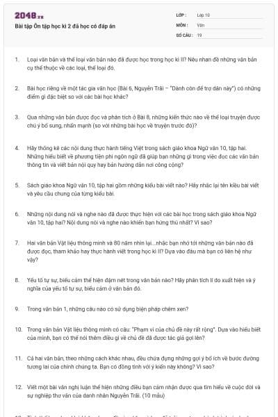 Bài tập Ôn tập học kì 2 đã học có đáp án