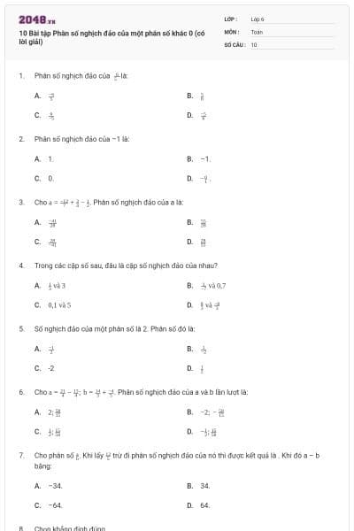10 Bài tập Phân số nghịch đảo của một phân số khác 0 (có lời giải)