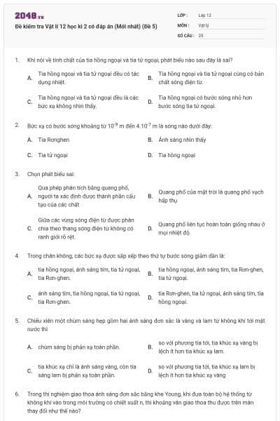 Đề kiểm tra Vật lí 12 học kì 2 có đáp án (Mới nhất) (Đề 5)