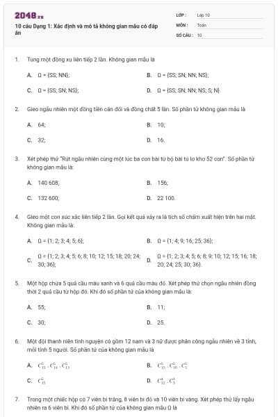 10 câu Dạng 1: Xác định và mô tả không gian mẫu có đáp án