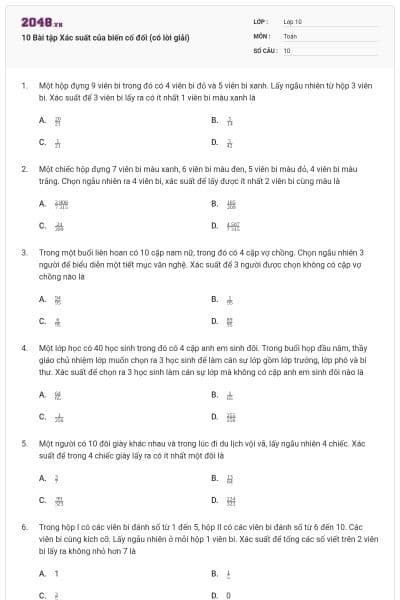 10 Bài tập Xác suất của biến cố đối (có lời giải)