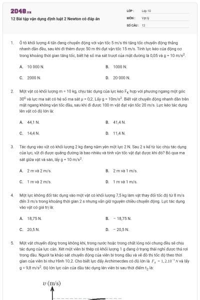 12 Bài tập vận dụng định luật 2 Newton có đáp án