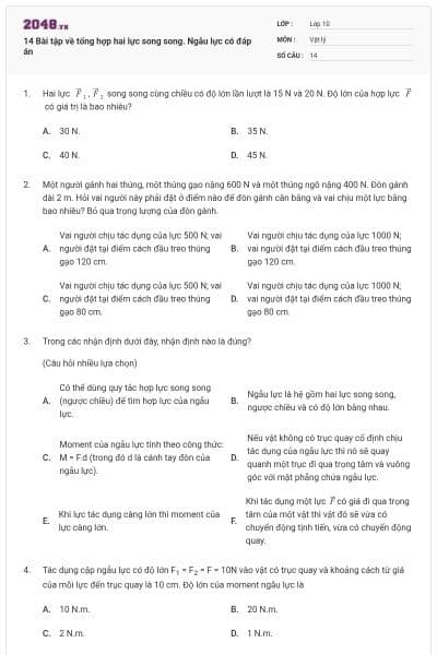 14 Bài tập về tổng hợp hai lực song song. Ngẫu lực có đáp án