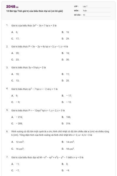 10 Bài tập Tính giá trị của biểu thức đại số (có lời giải)