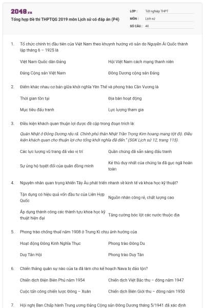 Tổng hợp Đề thi THPTQG 2019 môn Lịch sử có đáp án (P4)